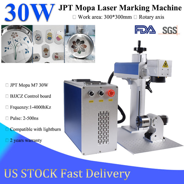 30W JPT M7 Mopa Fiber Laser Marking 300*300mm D80 Rotary Engraver Machine US