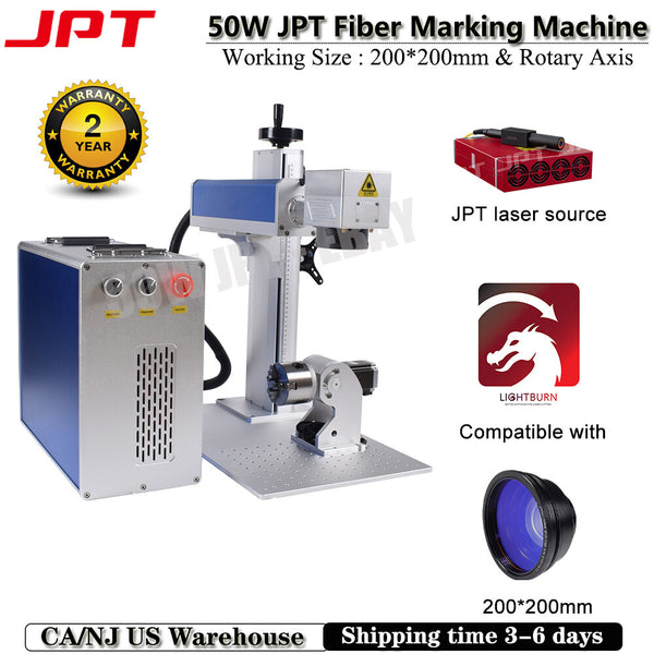 JPT 50W 200mm Fiber Laser Marking Cutting Engraver Machine Rotation For Metal US