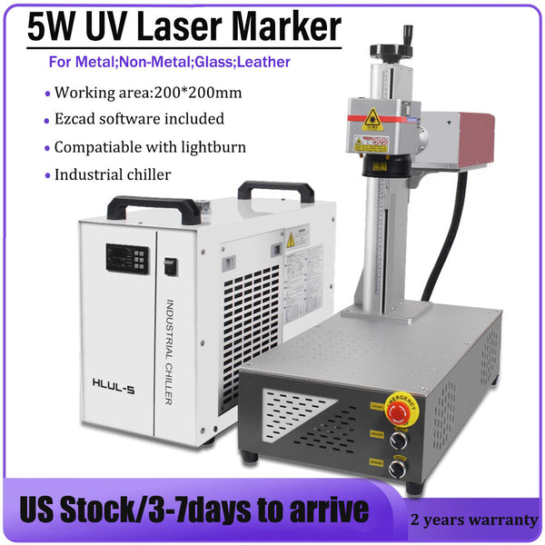 5W 355nm UV Laser Marking Engraver Machine Chiller For Glass Wood Leaf Metal US