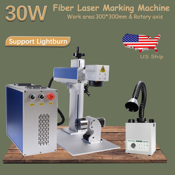 Raycus 30W QB Laser Fiber Marking Machine EzCad2 Rotary axis Fume Extractor US