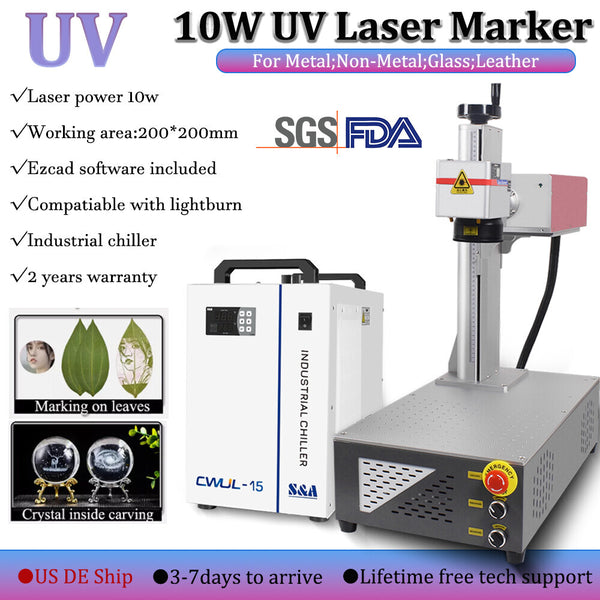 10W 355nm UV Laser Marking Engraver Machine Chiller For Glass Wood Leaf Metal US