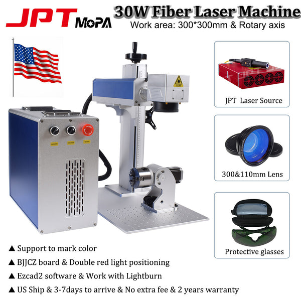 JPT 30W Mopa Fiber Laser Marking Metal Engraving Machine Color Mark Rotary US