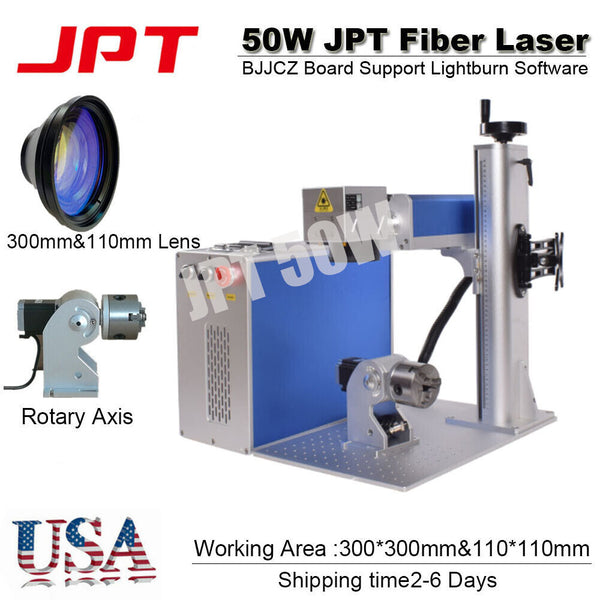 50W JPT 300*300mm Fiber Laser Marking Engraver Machine & 110mm Lens Rotary Axis