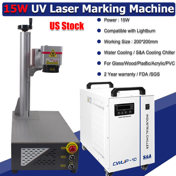 15W UV Laser Marking Machine For Glass Metal Wood PVC & S&A CWUL Chiller US Ship