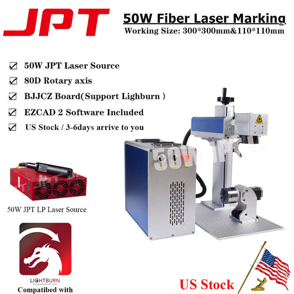 50W JPT 200*200mm Fiber Laser Marking Machine BJJCZ Board EZCAD Rotary Axis US