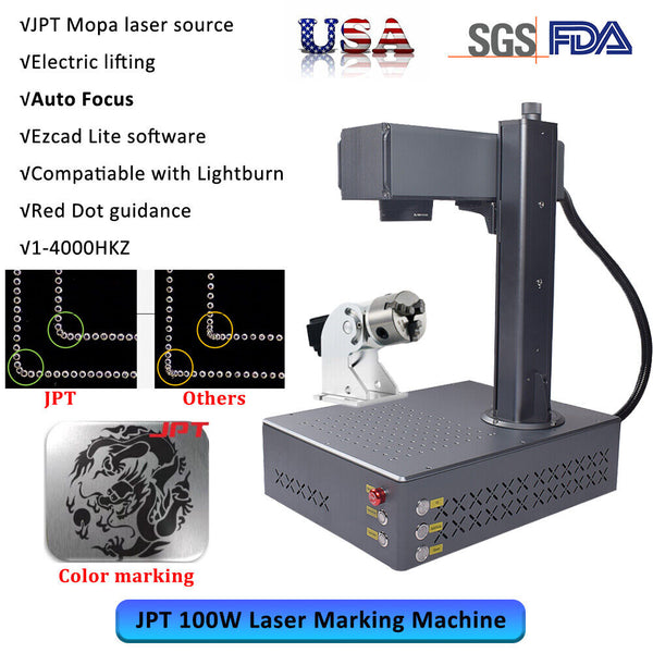 JPT 100W Fiber Laser Engraver Auto Focus Electric lifting Rotary For Metal Steel