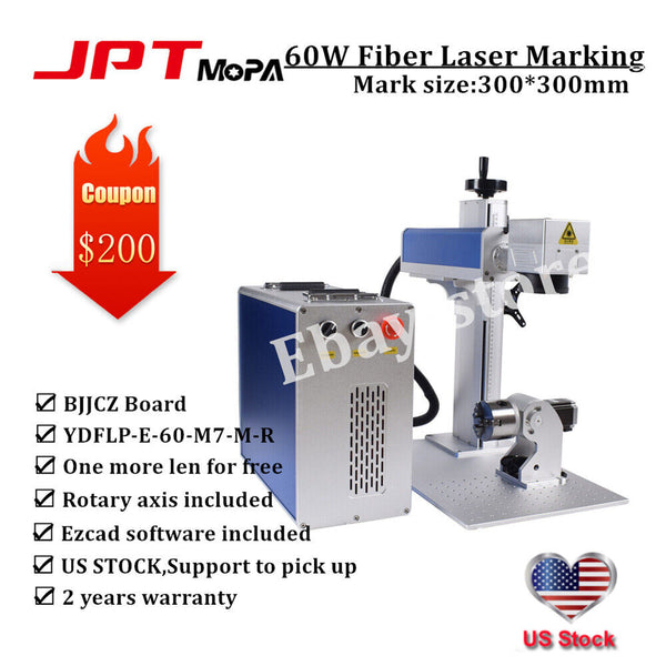60W JPT M7 Mopa 300*300mm Fiber Laser Marking Rotary axis Ezcad For Gold US Ship
