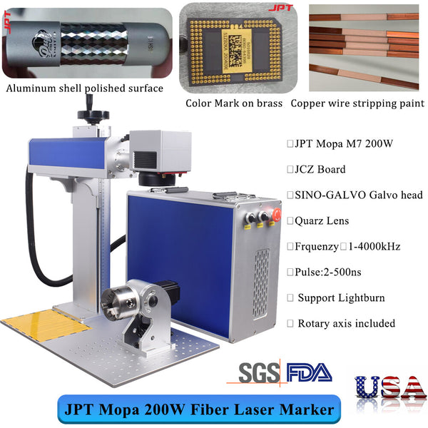 JPT 200W Mopa M7 Fiber Laser Metal Marking Cutting Machine Ezcad Rotary Axis US