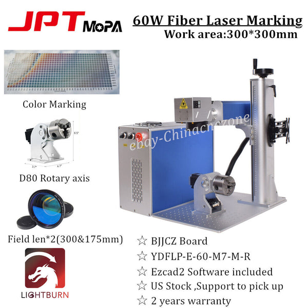 JPT 60W Mopa Fiber Laser Marking Double Lenses Rotary Ezcad BJJCZ Board US